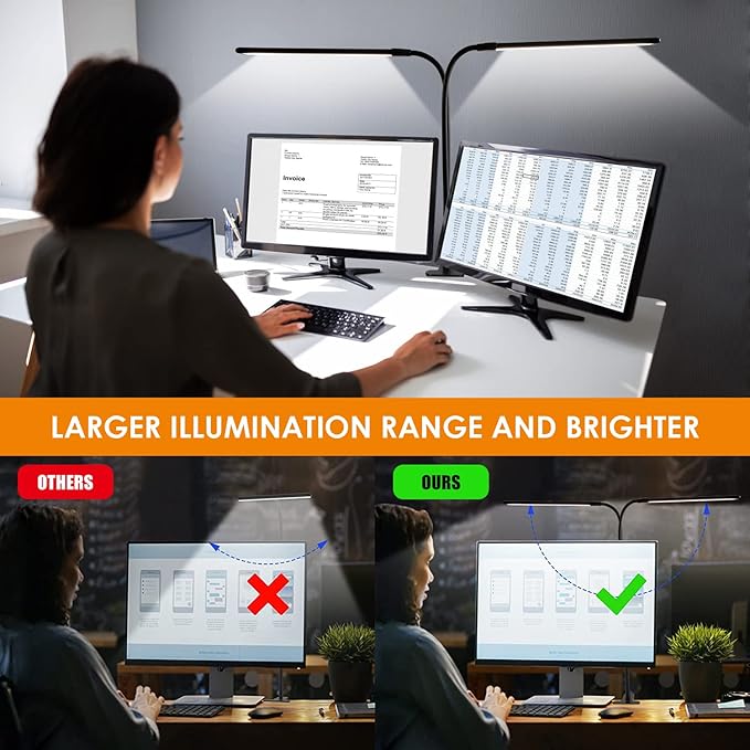 Desk Lamp, Clamp on Lamp with 2 LED Tubes, 13W, 1200 Lms, 3 Color Modes, 10 Brightness Levels, 18.5 Inches Flexible Gooseneck LED Clip Book Light for Reading, Working (Adapter Included)