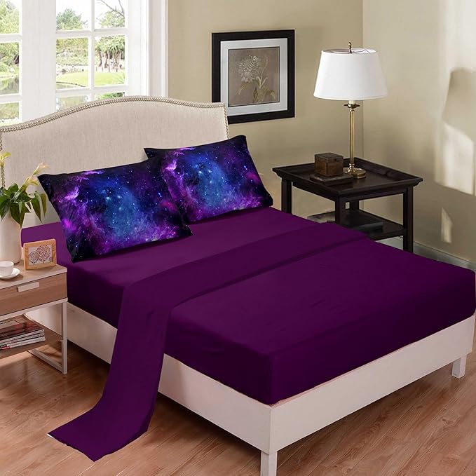 NINENINE Galaxy Bedding 5PCS Twin Size Comforter Sets for Girls Purple Bedding Set Bed in a Bag Space Bedding Set(1Comforter, 1Flat Sheet, 1Fitted Sheet, 2Pillowcases)…