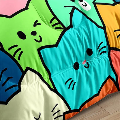 Cartoon Cat Comforter Set 3Pcs - Queen Size Cat Bedding Set for Bedroom Ultra Soft Lovely Animals Themed Comforter Set for Kids Room Decor for All-Season Boys Girls Gifts, 1 Quilt + 2 Pillowcases