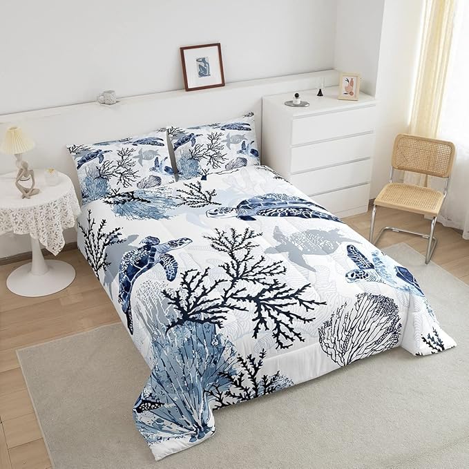 Turtle Comforter Set King,White Blue Hawaiian Turtle Bedding for Kids,Reptile Tortoise Quilt Duvet Set Coastal Beach Theme Comforter Retro Sea Turtle Bed Set for Boys Girls Bedroom Decor(Marine life)