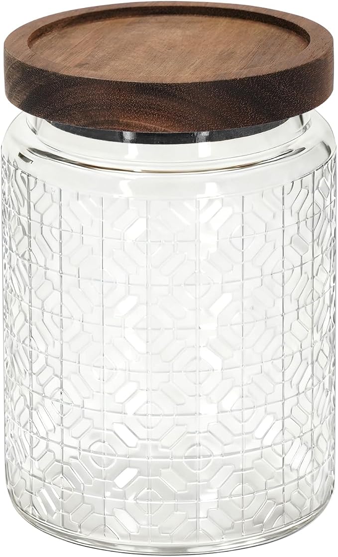 1Pc 24oz Window Style Vintage Glass Candy Jar with Solid Wood Lid, Kitchen Storage Canister for Sugar, Coffee, Tea, Cookies, Bath Salt - Decorative Mason Jar (1, Clear, 24oz)