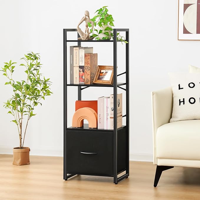 Yoobure Bookshelf, 4 Tier Book Shelf with Drawer, Small Bookcase Narrow Book Case, Industrial Bookshelves Shelf for Bedroom Living Room Office, Book Storage Organizer for CD/Movie Black