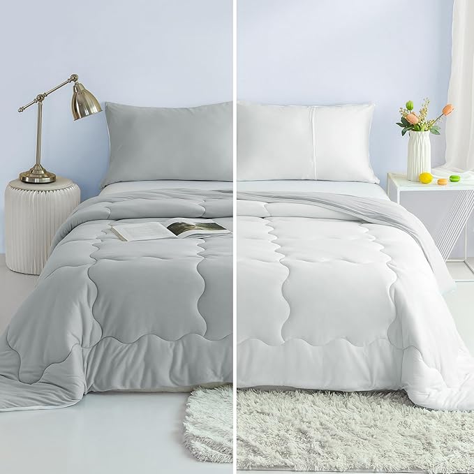 COTTEBED Ultra-Soft Reversible Comforter Set Twin Sized, Jersey Knit T-Shirt Feel Lightweight Cozy Bedding Blanket Quilt for Boy Kids Girl School College Dorm All Season(Twin/TwinXL Light Grey White)