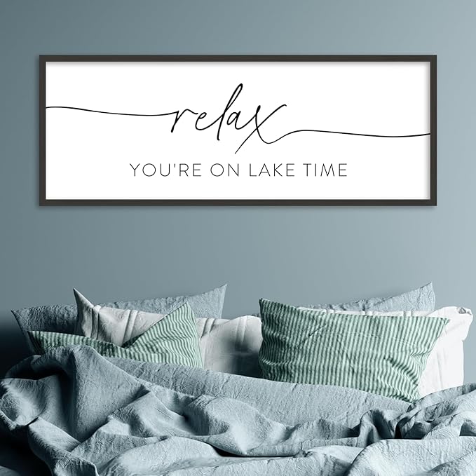 SRSZHIYUE Relax You're On Lake Time Wall Decor Above Bed Sign 40"×15" for Lake House Bedroom Over Bed Large Wood Framed Hanging Art (Black)