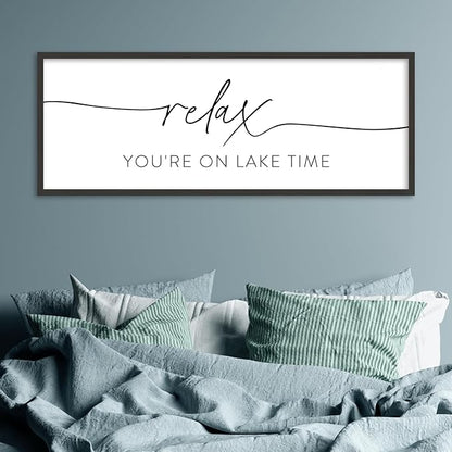 SRSZHIYUE Relax You're On Lake Time Wall Decor Above Bed Sign 40"×15" for Lake House Bedroom Over Bed Large Wood Framed Hanging Art (Black)
