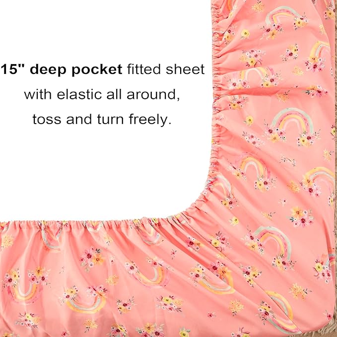 Mooreeke Twin Size Comforter Sets for Girls Kids, 6 Pieces Bed in a Bag Pink Rainbow Flowers Bedding Comforter Sheet Set with Shams and Decorative Toy Pillow, Ultral Soft Microfiber Kids Bed Set