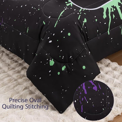 8Pcs Gamer Comforter Set with Sheets for Boys Girls Kids Teens, Colorful Graffiti Gaming Themed Bed in A Bag Queen Size, Black 3D Video Game Controller Bedroom Decor Bedding Set-Black