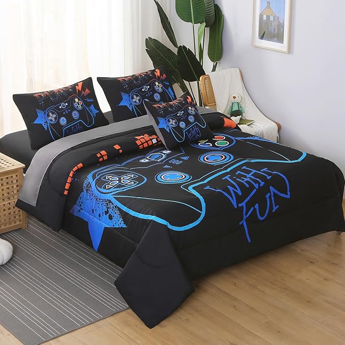 6Pcs Game Console Comforter Set with Sheets for Boys Girls Kids Teens, Geometric Gaming Themed Bed in A Bag Full Size, 3D Video Gamer Controller Bedroom Decor Bedding Set(Blue)