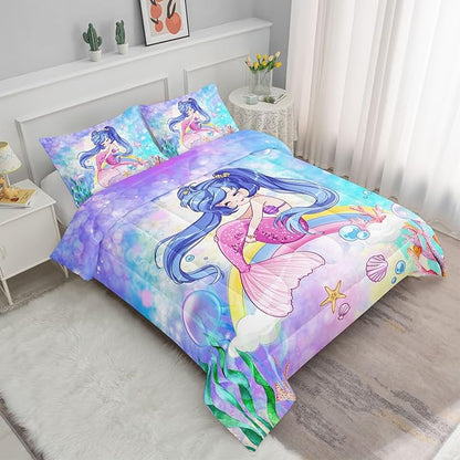 Datura home Kids Mermaid Comforter Set for Girls Women,Cute Mermaid Girl and Rainbow Shell Starfish Printed Pattern Blue Kawaii Bedding Set with 2 Pillowcases(Mermaid Girl Queen)