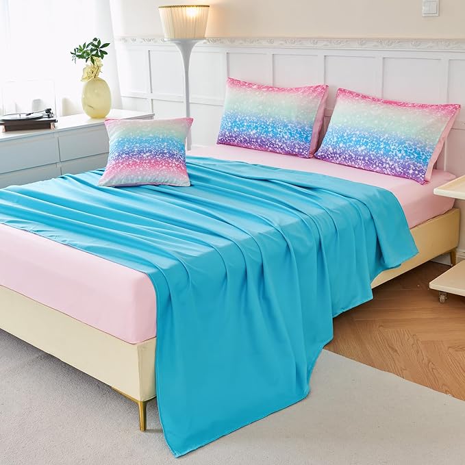 PERFEMET Girls Comforter Set with Sheets 6 Pieces Full Size Bedding Set Blue Pink Green Ombre Bed in A Bag Rainbow Tie Dye Kids Bed Sets Grandient Glitter Full Comforter Sets