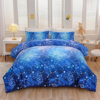 Holawakaka Tie Dye Constellation Print Ombre Comforter Set Full Size Girls Boys Gradient Galaxy Bedding Set (Cyan,Full)