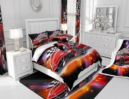 Feelyou Speed Sports Car Comforter Set Full Size Extreme Sports Bedding Set for Kids Boys Girls Decor Red Comforter Microfiber Checkerboard Quilt Set Bedroom Bedclothes…