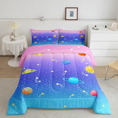 Erosebridal Cute Galaxy Comforter Set King for Boys Girls Kids Stars Planet Space Bedding Set Kawaii Rainbow Pastel Bedding Comforter Sets Pink Blue Purple Ombre Cartoon Quilt Duvet 2 Pillow Cases