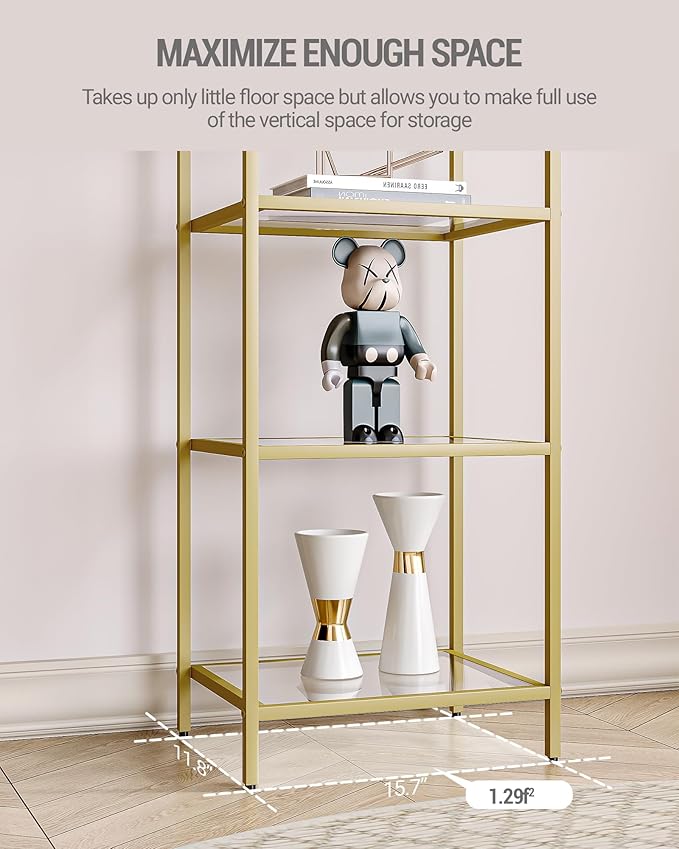 Bookcase Bookshelf, Tempered Glass Bookshelves, Slim Shelving Unit for Bedroom, Bathroom, Home Office, Steel Frame, 3 Tier Gold BC10301G