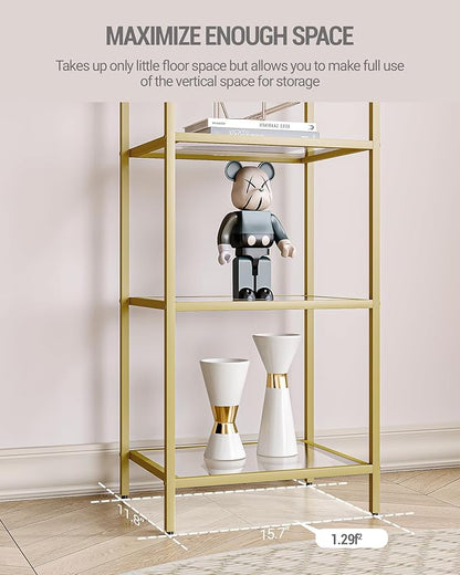 Bookcase Bookshelf, Tempered Glass Bookshelves, Slim Shelving Unit for Bedroom, Bathroom, Home Office, Steel Frame, 3 Tier Gold BC10301G