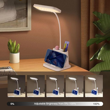 Desk Lamps for Home Office,3 Lighting Modes, Adjustable Brightness, Adjustable Gooseneck Reading Lamp,Rechargeable,Battery Operated Children's Eye Protection Learning Lamp with Pen Holder