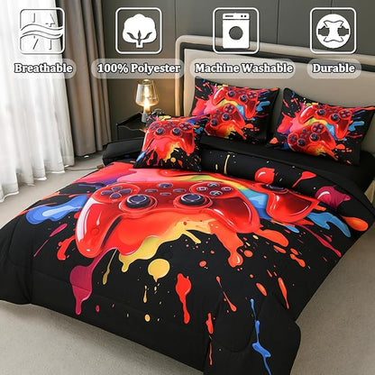 Gamer Comforter Set for Boys Kids, 6 Pcs Bed in a Bag Game Controller Boys Bediing Set Twin Size for All Season
