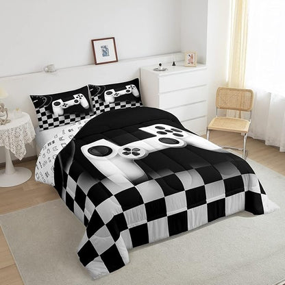 Erosebridal Gamer Comforter Set Twin,Gaming Bedding Set for Kids Teens Room Decor,Black and Grey Buffalo Plaid Reversible Bedding Set All Season Cozy,Novelty Gamepad Pattern Down Comforter 2pcs