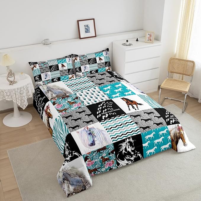 Horse Bedding,Western Farmhouse Horse Comforter Set for Girls King Bed,Boho Arrow Teal Zebra Stripe Comforter for Kids Boys Women,Rose Flower Rustic Cowboy Quilt Duvet Sets 1 Pillowcases Black White