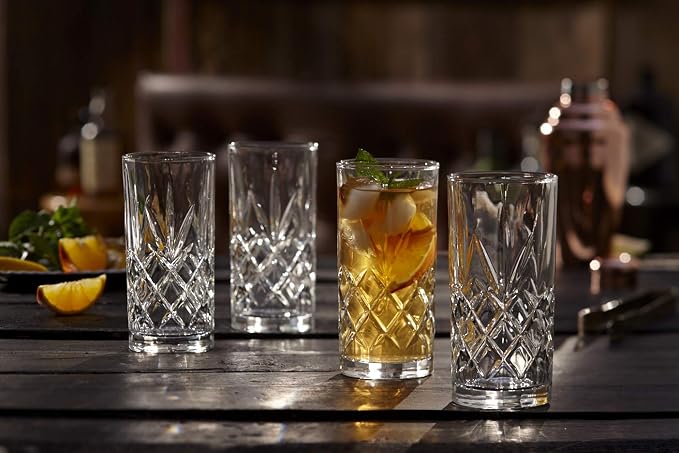Royalty Art Kinsley Tall Highball Glasses, Set of 8, 12 oz Cups | Textured designer glassware, water, beer, soda, trendy elegant dishware, dishwasher safe