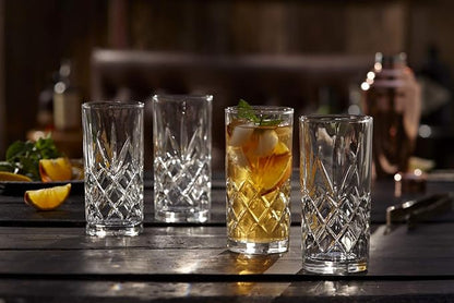 Royalty Art Kinsley Tall Highball Glasses, Set of 8, 12 oz Cups | Textured designer glassware, water, beer, soda, trendy elegant dishware, dishwasher safe