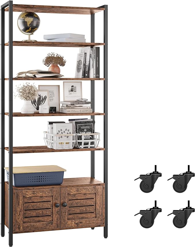 IRONCK Bookshelf and Bookcase with 2 Doors and 5 Shelves, 27.6" W Standing Storage Cabinet for Living Room, Home Office, Bedroom, Washroom, Vintage Brown