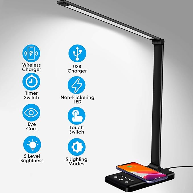 LED Desk Lamp with Wireless Charger, Dimmable Office Lamp with USB Charging Port, Eye- Caring Desk Lamps, Bright with 5 Lighting Modes, Touch Control Auto Timer