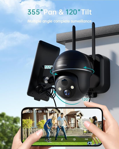 ZUMIMALL Solar Security Cameras Wireless Outdoor, 360° View Outdoor Camera Wireless Solar Powered,2.4G WiFi，2K/3MP Color Night Vision,2-Way Talk, PIR Motion Alert, Cloud Storage, Work with Alexa