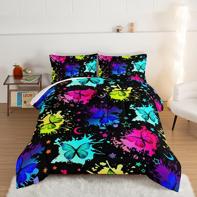 HOSIMA Colorful Butterfly Comforter Set for College Girls and Boys Twin Bed in a Bag,3Pcs Bedding Set Colorful Ink Print Comforter with 2 Pillowcases,Star Moon Black Twin Comforter for All Seasons.