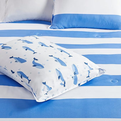 Mizone Kids Blake Reversible Dolphin Comforter Set - Adventure Animal Adorable Print with Stripe Reverse, Fun Bedroom Décor, Modern All Season Kids Bedding, Matching Sham, Full/Queen, Blue 3 Piece