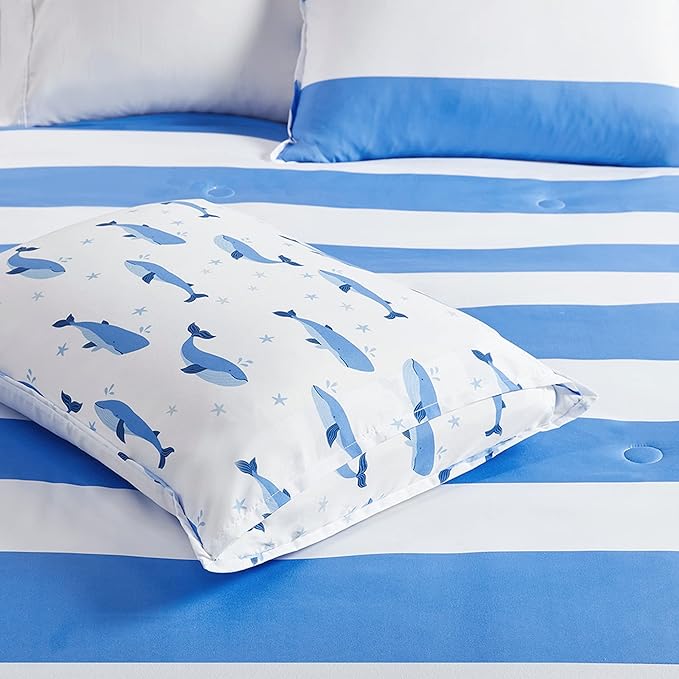 Mizone Kids Blake Reversible Dolphin Comforter Set - Adventure Animal Adorable Print with Stripe Reverse, Fun Bedroom Décor, Modern All Season Kids Bedding, Matching Sham, Blue 2 Piece, Full/Queen