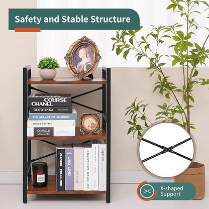 Yoobure Bookshelf Small Book Shelf, Solid Industrial 3 Tier Shelf Bookcase, Short Book Case for Bedroom, Living Room, Office Home, Small Spaces, Berry Brown