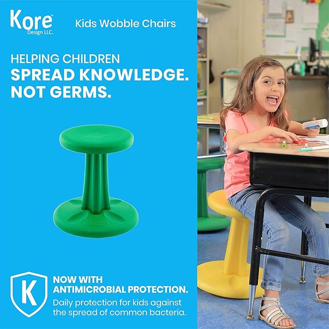 Kore Kids Junior Wobble Chair - Flexible Seating Stool for Classroom, Elementary School, ADD/ADHD - Made in The USA - Junior- Age 8-9, Grade 3-4, Green (16in)