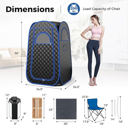 Giantex Portable Sauna, Full Body Steam Sauna w/ 3L Steam Box, Remote Control, Wood Foot Roller & Foldable Chair, Pop-Up Sauna Box for Single Person, Lightweight Personal Sauna Tent for Home (Black)
