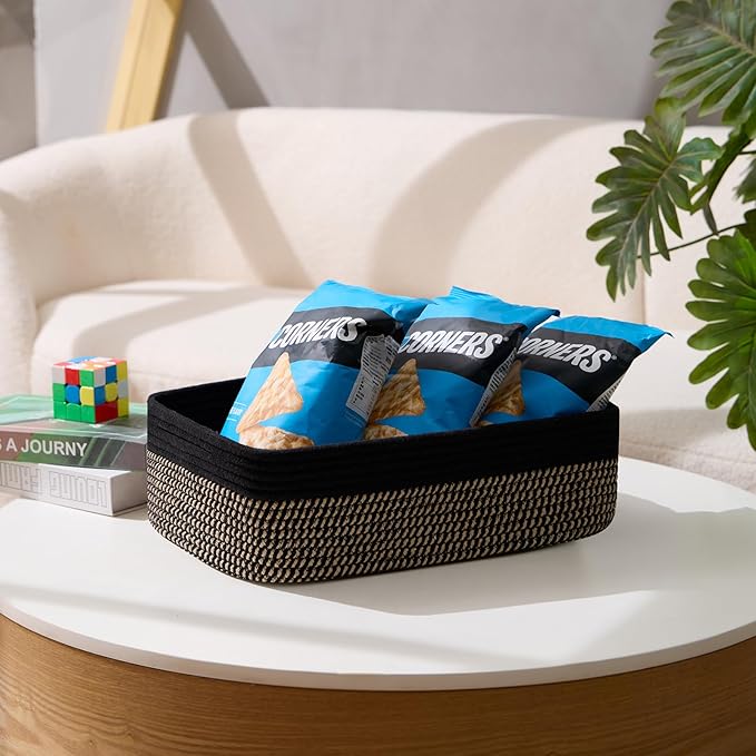 Large Shallow Organizing Baskets 15x11x5.1 Inches - Rope Woven Storage Bins for Bathroom, Shelves, Cube Closet, Black Woven Brown 2 Packs