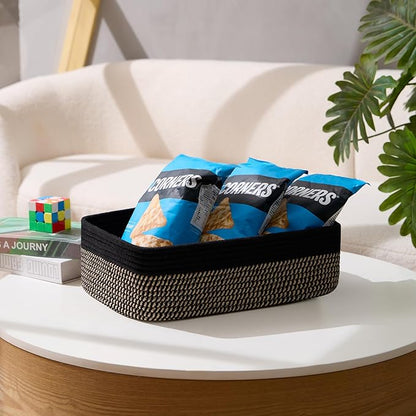 Large Shallow Organizing Baskets 15x11x5.1 Inches - Rope Woven Storage Bins for Bathroom, Shelves, Cube Closet, Black Woven Brown 2 Packs