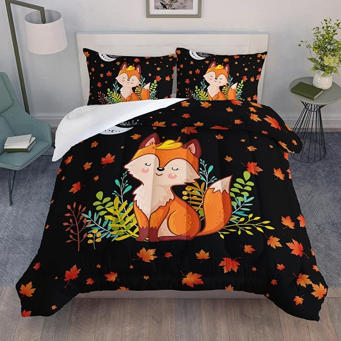 Cartoon Fox Comforter Set 3-Pieces Cute Fox Bedding Set Moon Plants Leaves Printed Quilt Set for Kids Boys Girls with 2 Pillowcases Queen