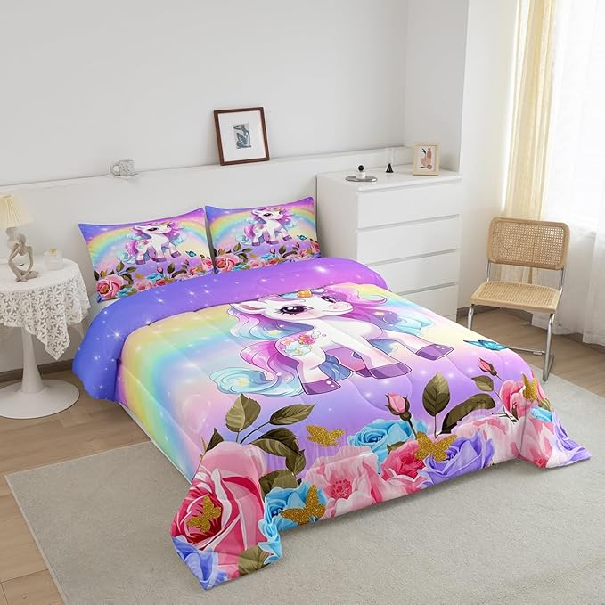 Cute Unicorn Kids Comforter Set Queen Size,Rainbow Starry Sky Roses Dreamy Bedding Set,Girls Women Room Decor,Cartoon Animals Flowers Down Comforter,Pink Purple Unique Duvet Insert,2 Pillowcases