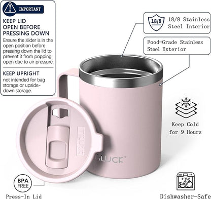 TILUCK 12 oz Insulated Coffee Mug with Lid and Handle | BPA-Free Lid, Double-Wall Vacuum Insulation, Stainless Steel Coffee Cup, Dishwasher Safe Mug for Hot & Cold Drinks, LightPink