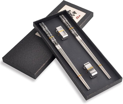 Metal Chop Sticks Reusable Dishwasher Safe with Holder, SUS 304 Stainless Steel Chopsticks, Elegant Chopsticks Reusable Non-Slip Design Gift Set (Metal)