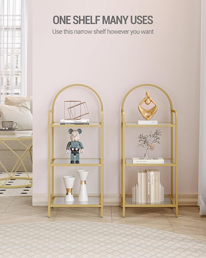 Bookcase Bookshelf, Tempered Glass Bookshelves, Slim Shelving Unit for Bedroom, Bathroom, Home Office, Steel Frame, 3 Tier Gold BC10301G