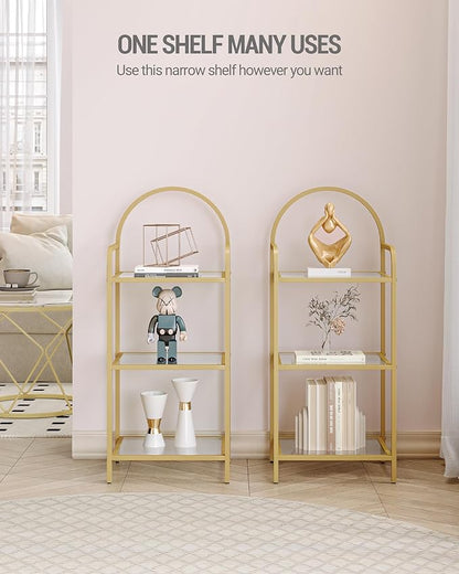 Bookcase Bookshelf, Tempered Glass Bookshelves, Slim Shelving Unit for Bedroom, Bathroom, Home Office, Steel Frame, 3 Tier Gold BC10301G