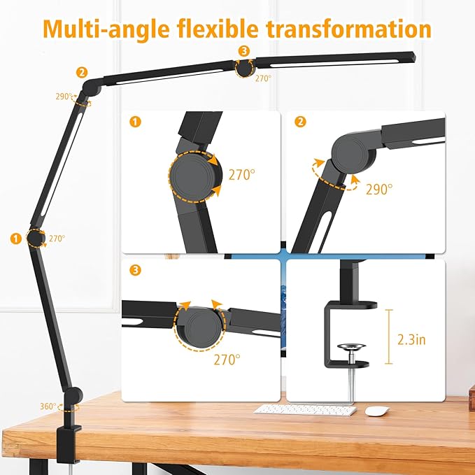 LED Desk Lamp with Clip, Multi-Angle Flexible 4-Segment 3-Light Source Office Desk Lamp, Clip-on Eye-Care 4 Color Temperature Modes&5 Brightness, Table Lamp for Home Office Studio Study Nail