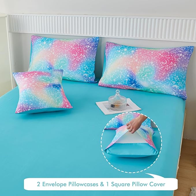 PERFEMET Rainbow Queen Girls Bedding Set, 6 Pieces Glitter Pink Green Comforter for Queen Size Bed, Colorful Tie Dye Ombre Teen Girls Bed in A Bag Comforter Set with Sheets
