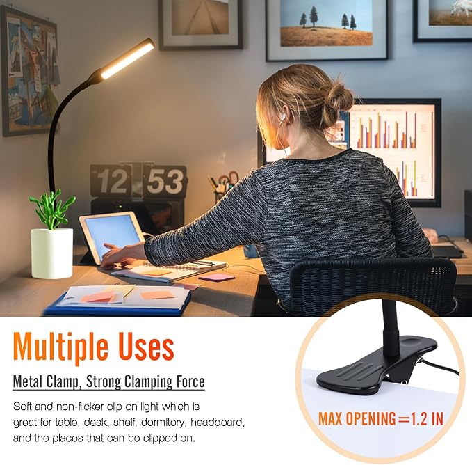 Clip on Reading Light, Clip Light, Warm & Daylight & White Light 3 Colors, Eye-Care Clamp Lamp with 10 Dimmable Illumination Modes
