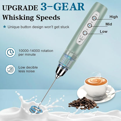 BSRGMS Milk Frother Handheld with Stand, Electric Whisk 3 Speed Adjustable, Drink Mixer with Stainless 3 Whisk, Rechargeable Hand Frother Wand, Foam Maker for Latte Cappuccino Matcha Egg Morandi Green