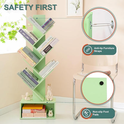 Yoobure Tree Bookshelf - 6 Shelf Retro Floor Standing Bookcase, Tall Wood Book Storage Rack for CDs/Movies/Books, Utility Book Organizer Shelves for Bedroom, Living Room, Home Office Green