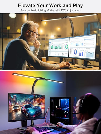 RGB Double Swing Arm Desk Lamp - 24W Ultra Bright Auto Dimming Desk Light, Multi-Angle Adjustment, Touch Control Desktop Lamp- Ideal for Home Office, Gaming, Reading, Work