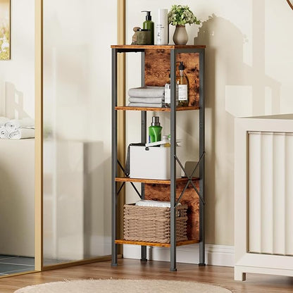 Furologee 4 Tier Small Bookshelf with Back, Short Narrow Bookcase with Shelves, Industrial Freestanding Shelf Units, Metal and Wooden Display Storage Rack for Bedroom, Living Room, Office, Entryway