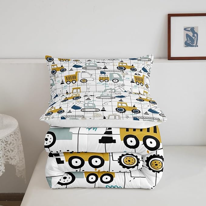 Feelyou Construction Comforter Set Twin Size Kids Excavator Tractor Toddler Comforter Cartoon Car Equipment Trucks Plaid Grid Comforter Set Construction Vehicles White Yellow Duvet Set